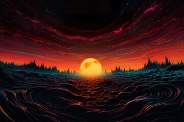 Black work line drawing of a void black sun, Colourful null planet and scape vibrant