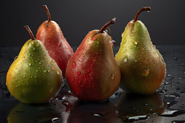 Fototapeta na wymiar Fresh pears with water drops isolated on a dark background. Generative AI technology.