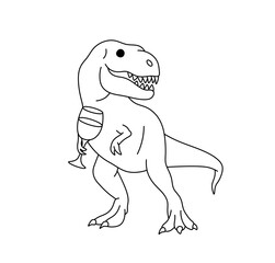 Vector isolated one single funny dinosaur tyrannosaurus  with a glass of wine vinosaur colorless black and white contour line easy drawing