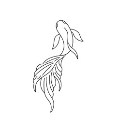 Vector isolated one single beautiful fish with long tail top view colorless black and white contour line easy drawing