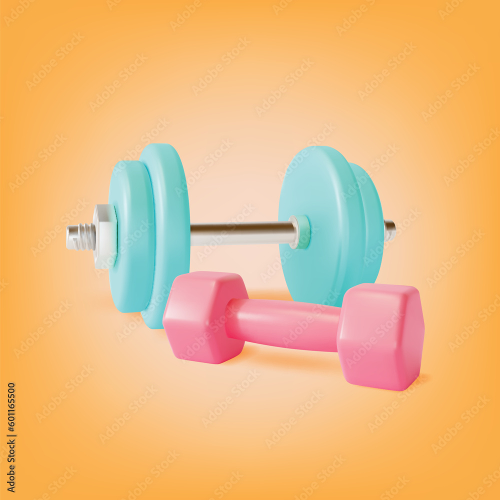 Sticker 3d Gym Equipment Dumbbell Set Cartoon Style Symbol of Fitness Exercise. Vector illustration of Different Dumbell