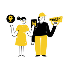 Eco Activists Demonstrate No Plastic Placard On Strike Against Global Pollution. Outline illustration.