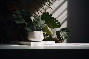 Minimalistic nature setting with a white podium for product display and soft shadowing from nearby leaves. Generative AI