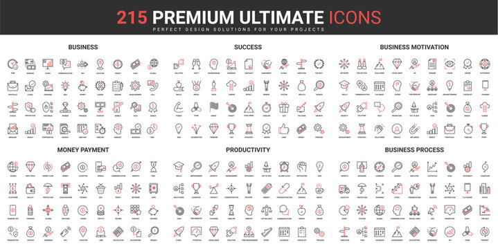 Business success thin line red black icons set vector illustration. Abstract symbols of business processes organization and productivity of employees, money payment simple design for mobile, web apps