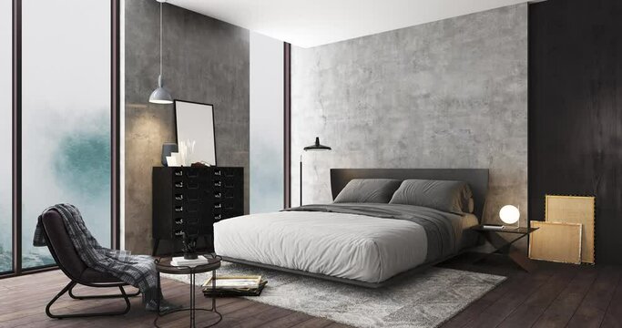 3D illustration of modern bedroom with concrete and wooden walls. Entrance of natural light through the large window. Wooden floor with gray carpet. Smooth motion animation.
