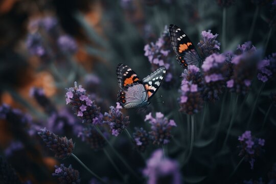 A close-up, soft focus macro image of purple lavender flowers and butterflies. Generative AI