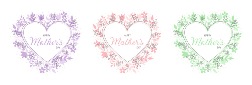Happy Mother's Day greeting card. Set of colored monochrome hearts with typography inside and floral frame around. Flat vector illustration