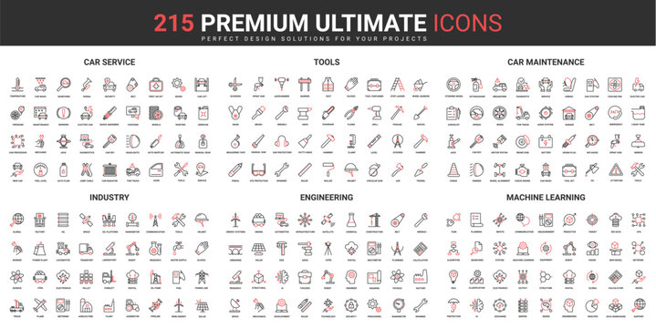 Industry thin line red black icons set vector illustration. Abstract symbols of tools and equipment for engineering and car maintenance service, machine learning simple design for mobile and web apps