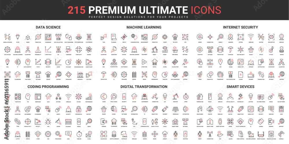 Poster science digital technology and hightech smart devices thin line red black icons set vector illustrat