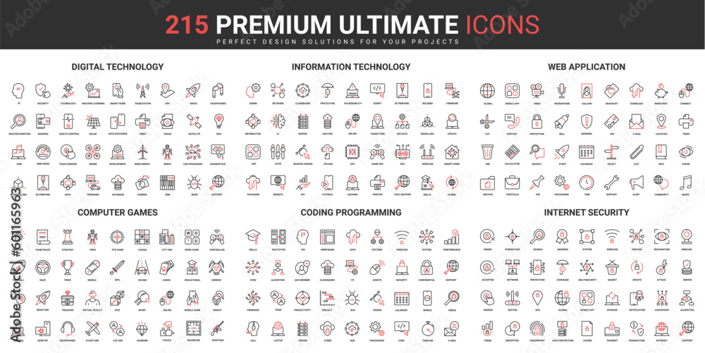 Aufkleber Information technology, internet thin line red black icons set vector illustration. Abstract symbols digital cyber security, computer games, programming software simple design for mobile, web apps