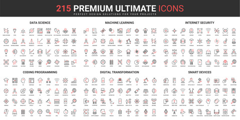 Science digital technology and hightech smart devices thin line red black icons set vector illustration. Abstract innovation pictograms with AI control, automation, simple design for mobile, web apps