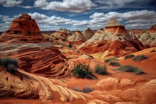 A dramatic shot of the South Coyote Buttes rock formations in the National Park, with their striking colors and textures. Generative AI