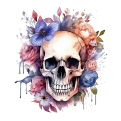 Stickers pour porte Crâne aquarelle Watercolor skull with flowers. Illustration AI Generative.
