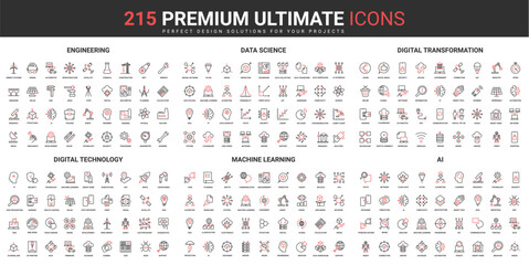 Digital technology, AI data science thin line red black icons set vector illustration. Abstract symbols of engineering and digital transformation, machine learning simple design mobile and web apps