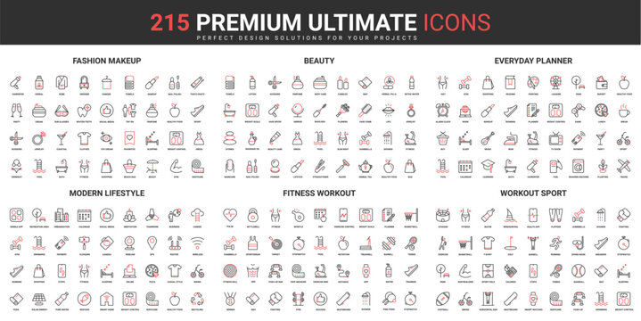 Beauty, sport exercises for healthy modern lifestyle thin line red black icons set vector illustration. Abstract symbols planner food diet, sport and leisure simple design for mobile and web apps