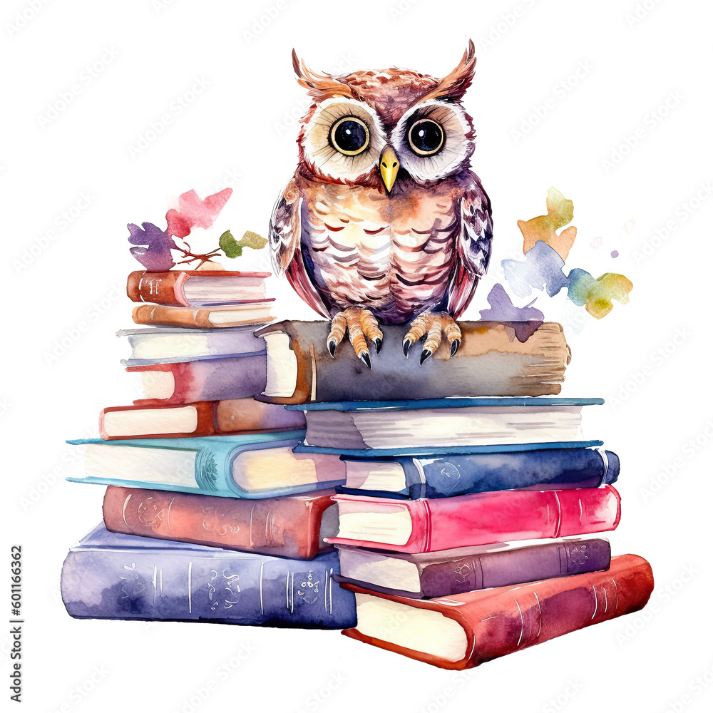 Wall mural Watercolor books wuth owl. Illustration AI Generative.