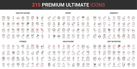Healthy food, fitness workout and sports, healthcare thin line red black icons set vector illustration. Abstract symbols of gym equipment and exercises, medical cure simple design for mobile, web apps