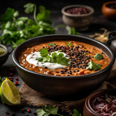 Creamy and aromatic dal makhani, featuring black lentils and kidney beans cooked to perfection in a rich blend of spices. AI-generated image