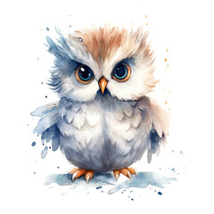 Cute watercolor owl. Illustration AI Generative.