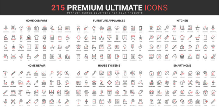 House systems for comfort, smart home thin line red black icons set vector illustration. Abstract symbols modern furniture and kitchen appliances, repair equipment simple design for mobile, web apps