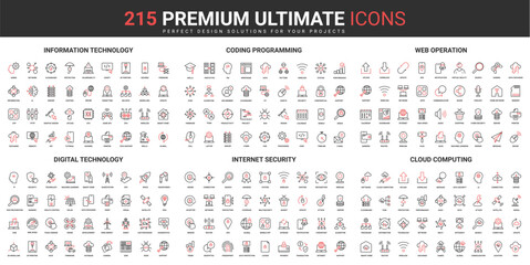 Web coding, programming and internet security thin line red black icons set vector illustration. Abstract symbols information, digital technology, cloud computing simple design for mobile and web apps - obrazy, fototapety, plakaty