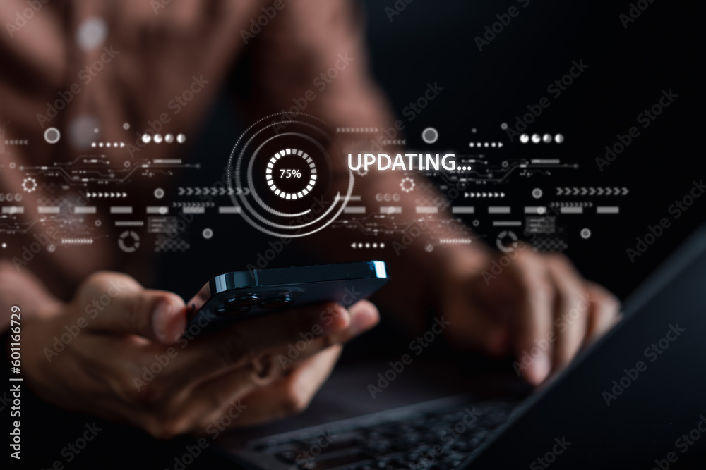 Aufkleber Update software system in computer. Man using smartphone upgrade program, Business technology internet loading virtual bar with installing the update for the quality better.