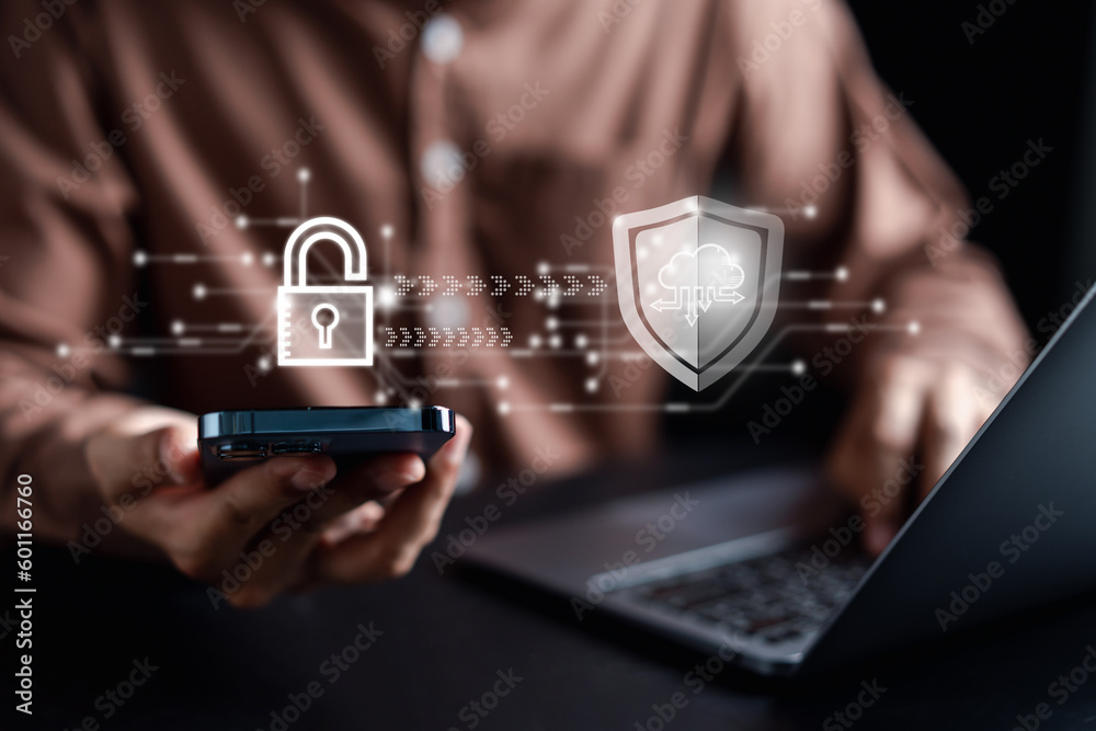 Aufkleber Cybersecurity and privacy concepts to protect data. businessman with internet network security technology. Businessman locking personal data on smartphone. cyber security concept.
