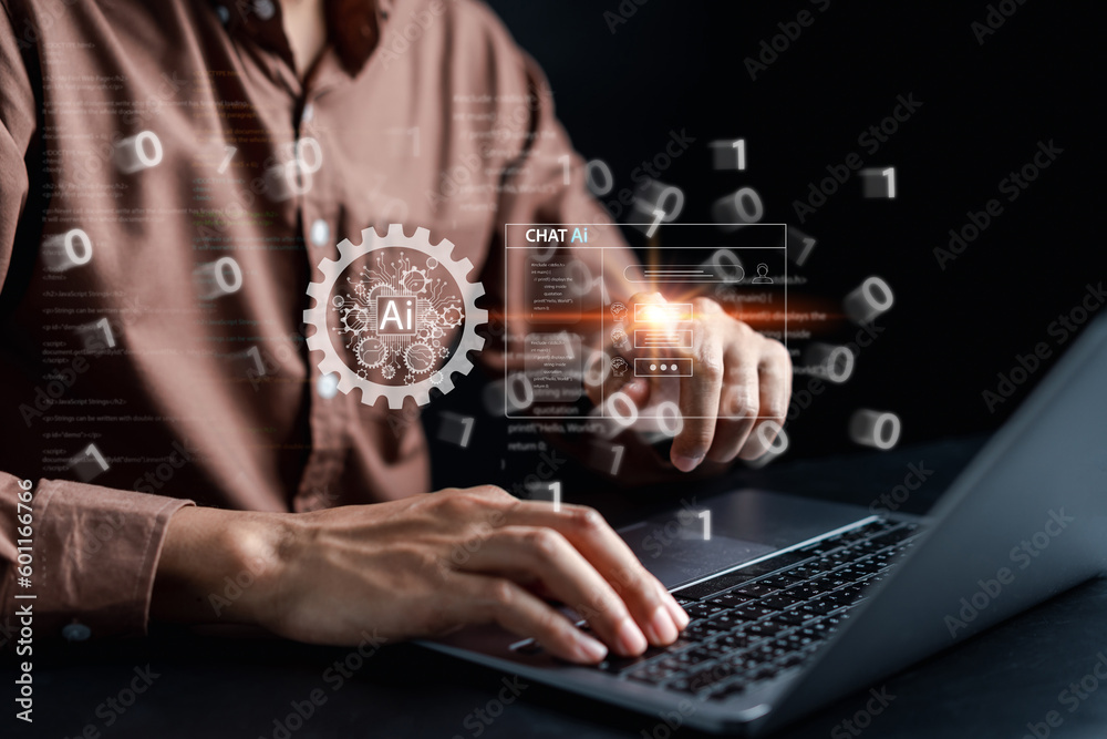 Poster Businessman using chatbot intelligence Ai. Chat with AI Artificial Intelligence, developed by OpenAI generate. Futuristic technology, robot in online system.
