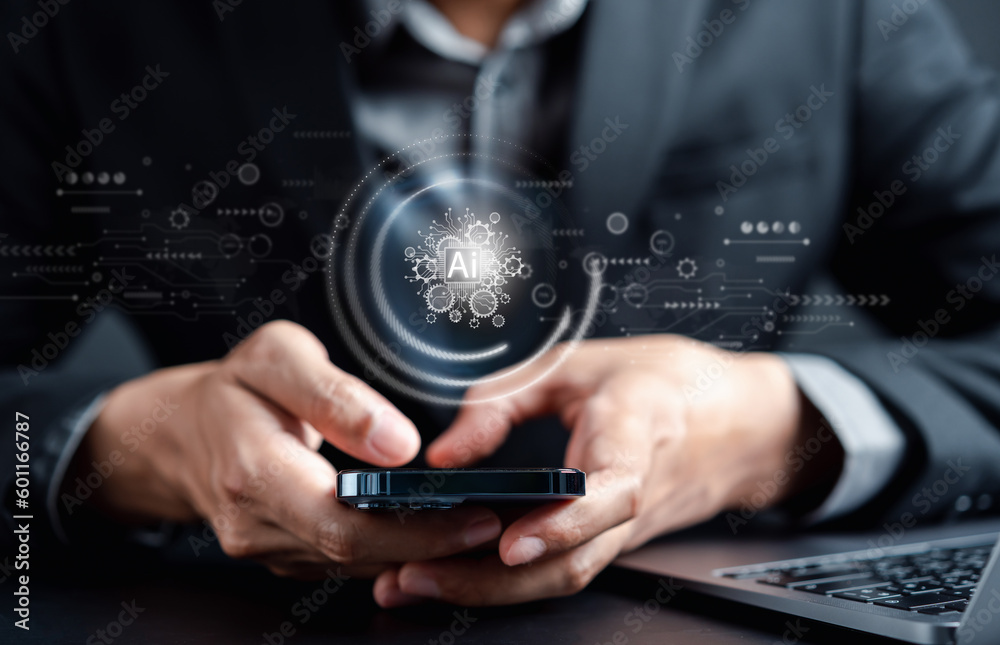 Aufkleber Businessman using chatbot intelligence Ai. Chat with AI Artificial Intelligence, developed by OpenAI generate. Futuristic technology, robot in online system.