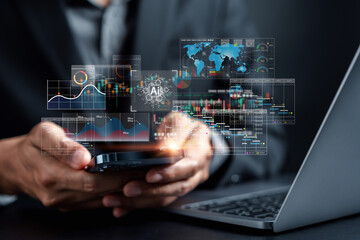 Business with AI analytics smart technology analyzing information structure on machine learning. Data Management System to make report with KPI connected to database. finance, internet of things, IOT.