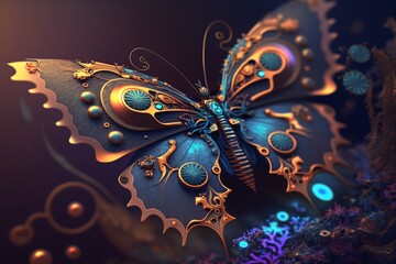 magic steampunk fantasy butterfly on dark background, generative ai