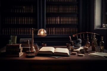 A desk for lawyer, with display of gavel and books on law. Generative AI