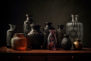 Obraz na płótnie Canvas Vases and jars on a dark table with black and brown background. Generative AI
