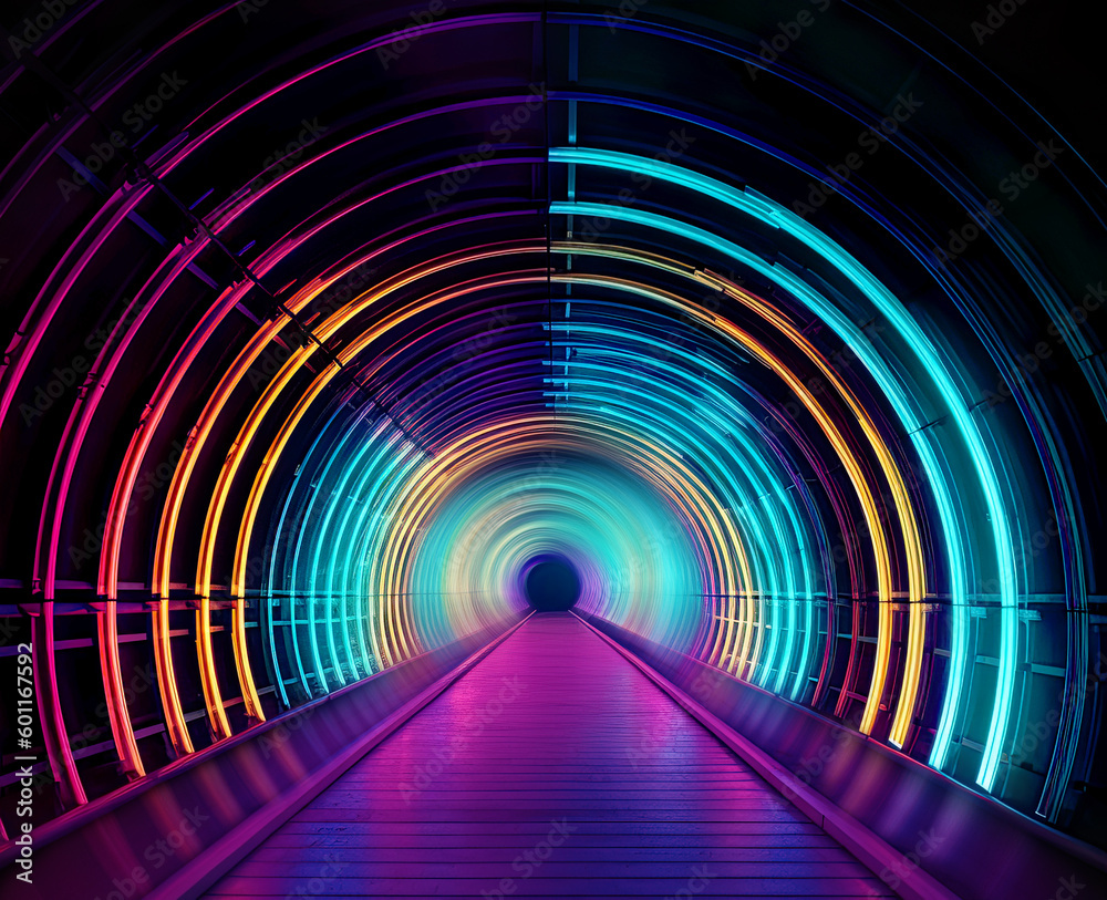 Poster Dark tunnel at night. Neon lights are reflected on the surface. Generative AI