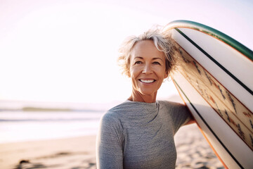 Middle-aged woman holding a surfboard on a beach, radiating vitality, optimism, health, and wellbeing, aging gracefully and embracing active lifestyle, generative ai