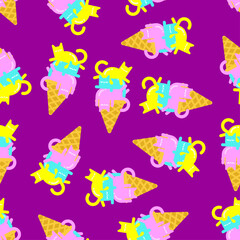 Fototapeta na wymiar Ice cream cat pattern seamless. Eskimo pet background. Baby fabric texture
