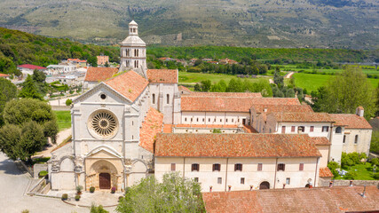 Aerial view of Fossanova Abbey located in Priverno, in the province of Latina, Italy. The church is a national monument and a perfect example of the transition from Romanesque to Italian Gothic.