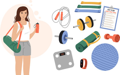 Set of sports equipment and sportswear. Illustration of sports equipment, sport girl. Image for sports design, stickers, web design elements, cards, banners