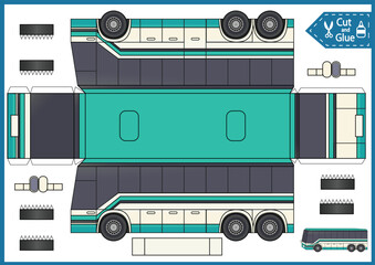 Kids paper craft template. Cut and glue a paper bus. DIY papercraft cutout puzzle autobus toys. Activity worksheet for children. Vector printable education game. 