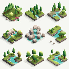isometric set of nature tiles with trees