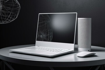 Sleek white laptop atop cylindrical stand with blank screen. 3D image. Generative AI