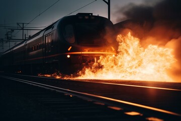 Speeding train igniting with future flames on track. Generative AI