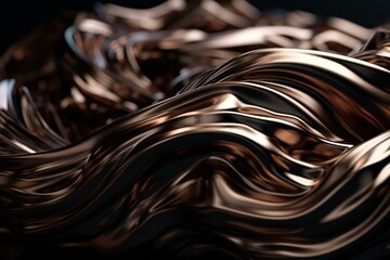 A contemporary industrial 3D design featuring intertwined waves of bronze and black against a white backdrop. Generative AI