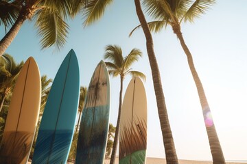 Surfboards lined up on sandy beach with palm trees and clear blue sky. Generative AI