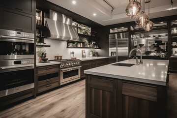 Sleek kitchen with stainless appliances in luxurious home. Generative AI