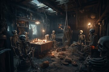 Skeletons party in an abandoned house, depicting post-apocalypse or Halloween horror. 3D animated rendering. Generative AI