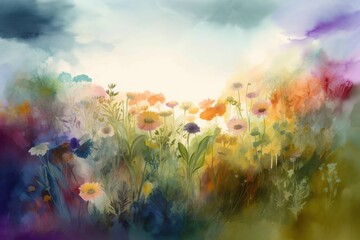 Fototapeta na wymiar summer landscape, watercolor - Ai