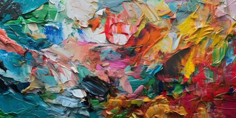 Fototapeta na wymiar Fragment of multicolored texture painting. Abstract art background. oil on canvas. Rough brushstrokes of paint. Closeup of a painting by oil and palette knife. Generative AI 