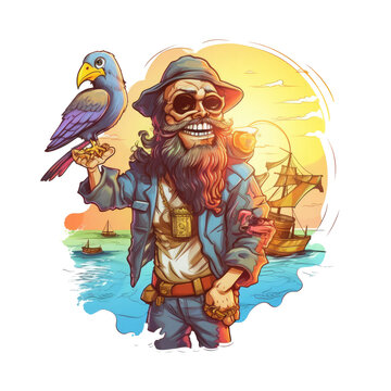 A humorous pirate t-shirt design with a cartoonish pirate character holding a treasure map and a parrot on their shoulder, the pirate has a comical expression with a missing tooth, Generative Ai