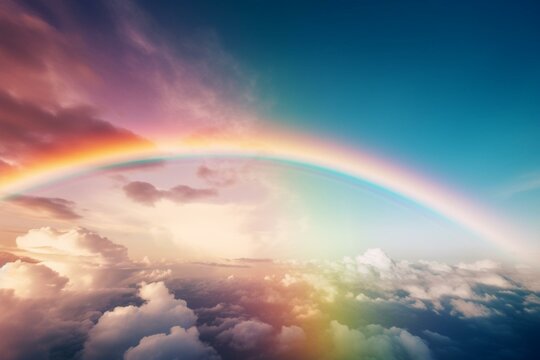 A colorful and dreamlike image of a bright rainbow in the sky. Generative AI